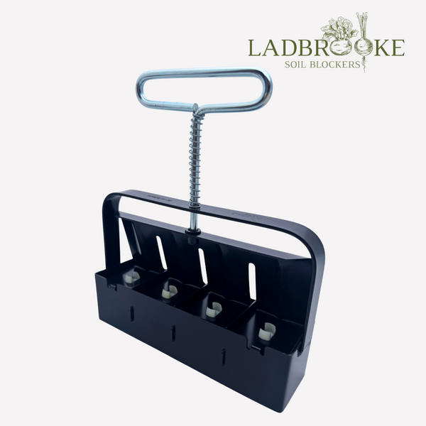 Ladbrooke Mini 4 soil block maker with black handle and metal block frame